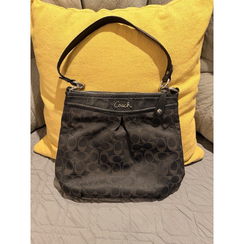 COACH Ashley F20111 Signature C Shoulder Bag fabric - leather MEDIUM shimmer BLK